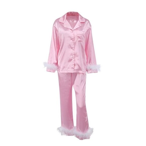 Silk Satin Pajama Set in Pink/White Size Large - Picture 2 of 10